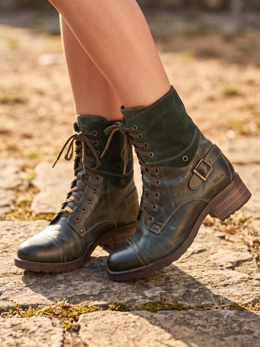 Taos Crave green leather lace up mid calf combat moto boots